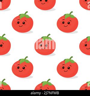 Motivo senza cuciture con pomodoro carino isolato su bianco. Divertente Tomato sorridente. Sfondo vettoriale senza giunture per carte, abbigliamento, stampe tessili. Design per bambini Illustrazione Vettoriale