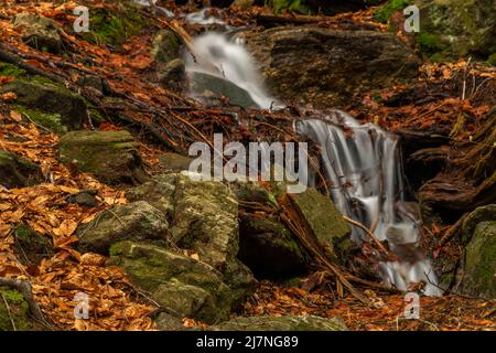 Cascata di Geigenbachfalle vicino alla collina di Groser Arber in Germania in primavera mattina Foto Stock