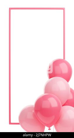 Banner di congratulazioni con palloncini rosa e cornice su sfondo bianco - 3D rendere la storia dei social media per i saluti di compleanno o anniversario. Verticale Foto Stock