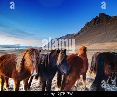 Cavallo islandese con uno spesso cappotto invernale, in un campo vicino a Vestrahorn, montagna. Editato per assomiglia ad un dipinto ad olio. Foto Stock