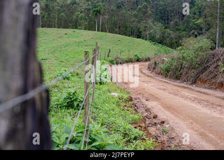 Strada sterrata, erba e recinzione. Concetto di viaggio Foto Stock