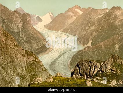 Ghiacciaio di Fiescher, Alpi Bernesi, Vallese, Svizzera 1890. Foto Stock