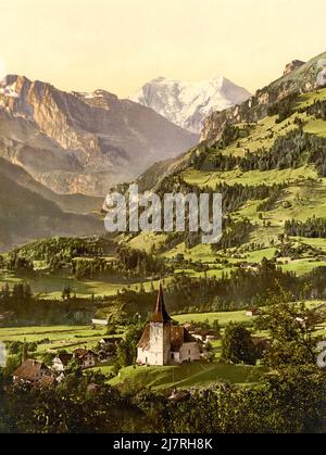 Frutigen, Chiesa di Doldenhorn e Balmhorn, Alpi Bernesi, Berna, Svizzera 1890. Foto Stock