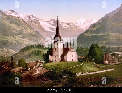 Frutigen, Chiesa di Doldenhorn e Balmhorn, Alpi Bernesi, Berna, Svizzera 1890. Foto Stock