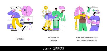 Gruppo di illustrazione vettoriale astratta della malattia delle persone anziane. Ictus e morbo di parkinson tremore, broncopneumopatia cronica ostruttiva, cefalea, respiro corto, metafora astratta di primo soccorso. Illustrazione Vettoriale