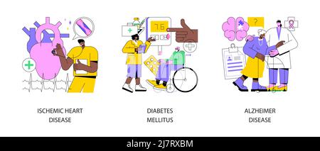 Persone anziane problemi di salute astratto concetto vettore illustrazione set. Cardiopatia ischemica, diabete mellito, Alzheimer e demenza, arteria coronaria, zucchero nel sangue, perdita di memoria metafora astratta. Illustrazione Vettoriale