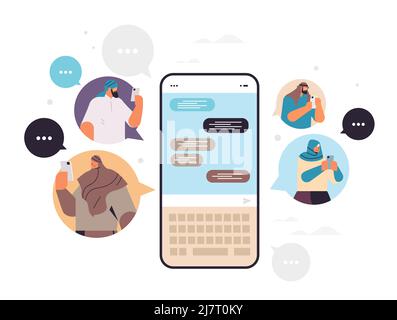persone arabe digitando messaggio su smartphone uomini arabici donne che chiacchierano in mobile app chat bolla comunicazione Illustrazione Vettoriale