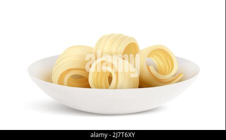Butter Curl 3D illustrazione vettoriale realistica. Vortici di verdure margarine o vegane sparse in ciotola di porcellana, prodotto caseario cremoso arrotolato, icona set isolato su sfondo bianco Illustrazione Vettoriale
