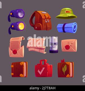 Equipaggiamento da avventura per viaggiare, esplorare e caccia al tesoro. Icone vettoriali cartoon set di attrezzi da trekking, zaino, torcia, cappello, tappeto, thermos, busta con lettera e diario turistico Illustrazione Vettoriale