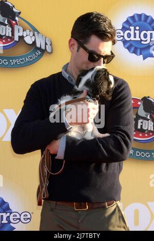 LOS ANGELES - NOV 22: Max Greenfield al FOX 'cause for Paws: All-Star Dog Spectacular' al Barker Hanger il 22 novembre 2014 a Santa Monica, California Foto Stock