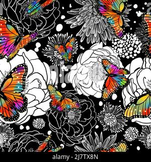 Fiori bianchi e neri monocromatici. Sfondo senza cuciture con farfalle colorate Illustrazione Vettoriale