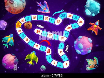 Gioco da tavolo per bambini. Pianeti, stelle e navicelle spaziali della galassia dei cartoni animati. I bambini che giocano il foglio di lavoro vettoriale di attività, gioco di bordo dei bambini con il gioco di dadi roll and move, le stelle straniere dello spazio, i pianeti del cosmo Illustrazione Vettoriale