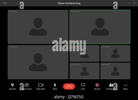 Interfaccia video. Modello di schermata della conferenza Vector online, videochiamata con avatar utente e pulsanti di gestione. Interfaccia utente per la chat del webinar aziendale, video mockup dell'applicazione per la comunicazione al computer Illustrazione Vettoriale