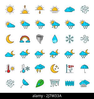 Icone dei contorni dei colori delle previsioni del tempo. Meteorologia, temperatura, clima e pittogrammi vettoriali uv. Nube isolata, sole, pioggia, neve e vento, tempesta, luna, fiocco di neve, fulmine, nebbia e ombrello Illustrazione Vettoriale