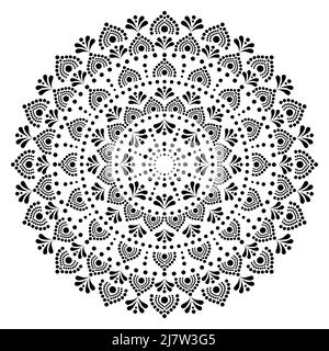 Stile aborigno Mandala dot painting vettoriale design, fresco folk art boho decor dall'Australia in nero su sfondo bianco Illustrazione Vettoriale