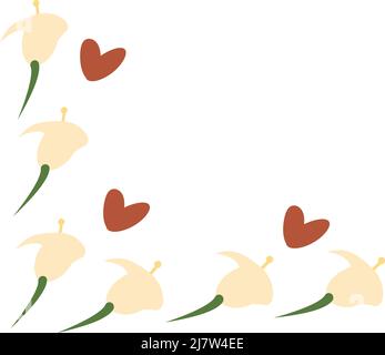 Cornice d'angolo di fiori e cuori in tonalità alla moda in uno stile minimalista cartoon. Buono per taccuino, iscrizioni, lettere, tovaglioli, asciugamani, poster, banner. Illustrazione Vettoriale