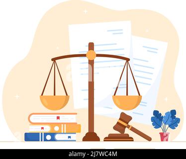 Corte ci è giustizia, decisione e legge con le leggi, scale, edifici, martello del giudice di legno in Cartoon piano disegno Illustrazione Illustrazione Vettoriale