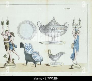 Mobili e stoviglie, Francia rivoluzionaria. Candelabro con Daphne e Apollo, piatto d'argento, poltrona, pentola d'argento, caraffa d'olio con manico serpente e candelabro Bacchante. Incisione a mano su copperplate del Journal de la Mode et du Gout di Jean-Antoine le Brun o di Lebrun-Tossa, precedentemente Cabinet des Modes, Chez Buisson, Parigi, e Joseph le Boffe, Londra, 33me Cahier, 15 gennaio 1791. Foto Stock