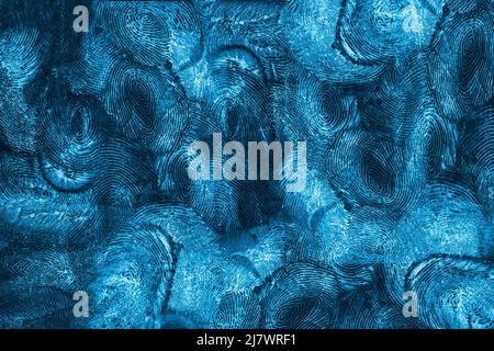 Sfondo blu impronta digitale, tessuto della pelle del dito Foto Stock