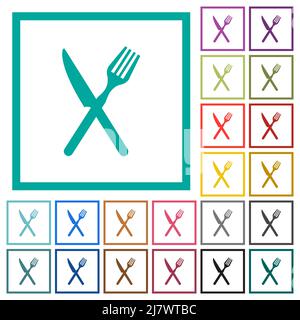 Forcella e coltello in posizione incrociata icone a colori piatti con riquadri a quadrante su sfondo bianco Illustrazione Vettoriale