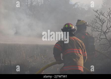 I vigili del fuoco combattono contro un fuoco dell'edificio Foto Stock