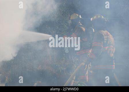 I vigili del fuoco combattono contro un fuoco dell'edificio Foto Stock