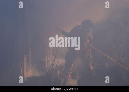 I vigili del fuoco combattono contro un fuoco dell'edificio Foto Stock