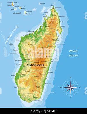 Mappa fisica molto dettagliata del Madagascar in formato vettoriale, con tutte le forme di rilievo, regioni e grandi città. Illustrazione Vettoriale