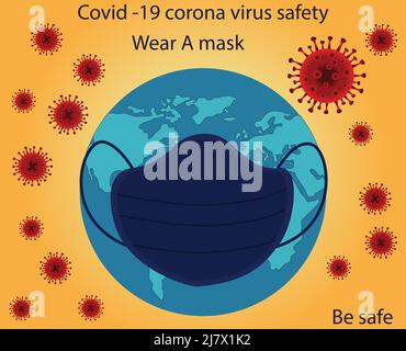 sfondo giallo con un globo covid 19 sicurezza indossare maschera di sicurezza Illustrazione Vettoriale