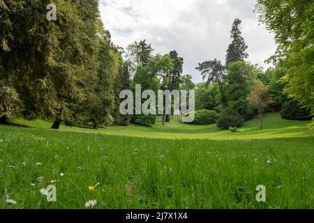 Freundschaftstempel tempio a Staatspark Fürstenlager, Auerbach, Bensheim, Germania durante l'estate, prato con fiori di fronte, Germania Foto Stock