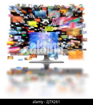 Schermi multipli che mostrano un mosaico di centinaia di immagini. Televisione in streaming. Broadcast, Information worm hole, Choice, Network, Catch up Services Foto Stock