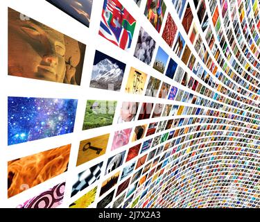 Schermi multipli che mostrano un mosaico di centinaia di immagini. Televisione in streaming. Broadcast, Information worm hole, Choice, Network, Catch up Services Foto Stock