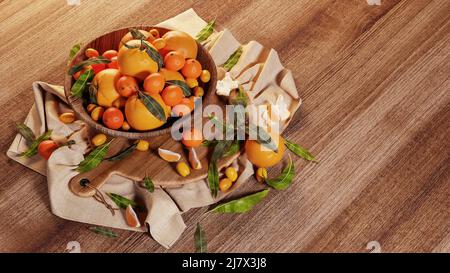 Mandarini freschi arance frutta o mandarini con foglie in cesto di esposizione su un tavolo di legno. Foto Stock