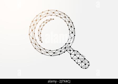 Lente di ingrandimento 3D simbolo di poly basso con punti collegati. Analisi, disegno strumento di ricerca illustrazione vettoriale. Struttura a reticolo poligonale Loupe Illustrazione Vettoriale