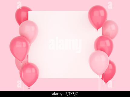 Bollature rosa volanti lucide con banner bianco quadrato 3D raffiguranti un'illustrazione. Poster delle congratulazioni per il compleanno o l'anniversario o biglietto di auguri con copia Foto Stock