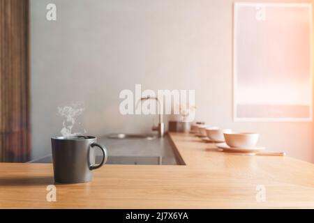 Interno cucina con design e mobili moderni di lusso. Camera contemporanea con architettura alla moda. Foto di alta qualità Foto Stock