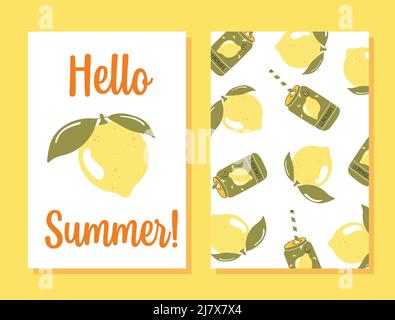 Set vettoriale di carte estive luminose. Poster con limone, fetta di limone Illustrazione Vettoriale