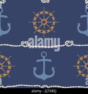 Pattern vettoriale senza giunture con ancora e ruota di spedizione su sfondo blu. Semplice carta da parati nautica. Tessuto decorativo stile vita marina. Illustrazione Vettoriale