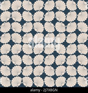 Ripetere il modello vettoriale con le vongole. Design della carta da parati sotto il mare. Semplice guscio animale su sfondo blu. Illustrazione Vettoriale