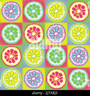 Modello vettoriale con agrumi, arancio, pidocchi di lime su quadrati al neon. Sfondo colorato con frutta. Pop art tappezzeria design con cibo. Illustrazione Vettoriale