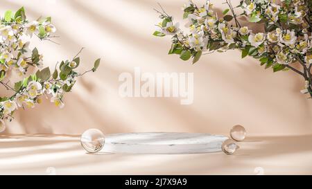 Podio di bellezza naturale con fiore in fiore per l'esposizione di prodotti cosmetici. Sfondo di bellezza alla moda con texture in marmo. 3d rendering. Foto Stock
