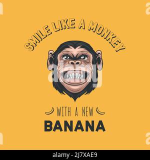 Sorridi come una scimmia con una Nuova Banana. Vettore disegnato a mano sorridente Chimpanzee Ape e citazione tipografica. Chocolate Abstract Funny Monkey Head per Wall Art Illustrazione Vettoriale