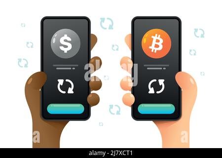 Smartphone mockup in mano umana. Operazione di conversione. Bitcoin e dollaro. Portafoglio Crypto. Illustrazione della criptovaluta colorata vettoriale Illustrazione Vettoriale