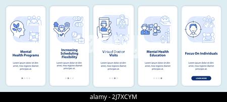 Tendenze della salute mentale sul lavoro luce blu onboarding schermo app mobile Illustrazione Vettoriale