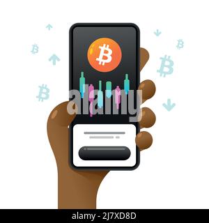 Smartphone mockup in mano umana. Tabella valori Bitcoin. Tendenze del mercato. Illustrazione della criptovaluta colorata vettoriale Illustrazione Vettoriale