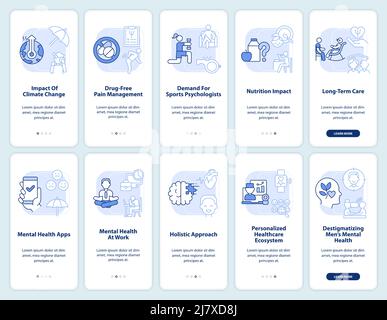 Tendenze in psicologia luce blu onboarding mobile app set Illustrazione Vettoriale