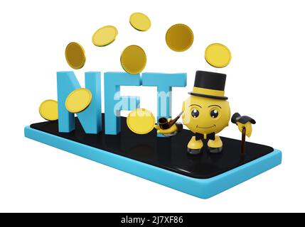 Caratteri NFT per token non fungibile con monete vuote e 3D caratteri. 3d rendering Foto Stock