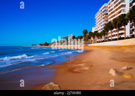 Spiaggia di Villajoyosa Spagna sabbia mare e palme illustrazione Costa Blanca Alicante Foto Stock