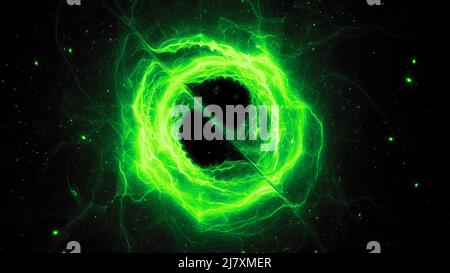 Formazione verde brillante del disco di accrescimento con campo di forza, sfondo astratto generato dal computer, rendering 3D Foto Stock