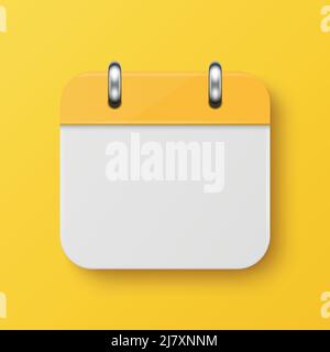 Vector 3D icona semplice semplice classica minimalista giallo Calendario su sfondo giallo muro. Modello di progetto per Mockup. Calendario giallo cartaceo attivato Illustrazione Vettoriale